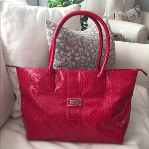 Guess Red Patent Leather Logo Embossed Handbag